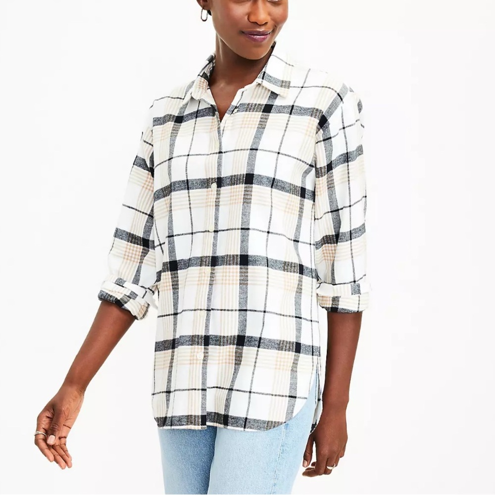LOFT Petite Plaid Flannel Everyday Tunic Shirt Size M - Picture 11 of 11